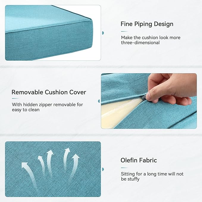 Luxury 6" Outdoor Cushions for Patio Furniture, 24x24x6 Thick Seat Cushion Set of 10, Fade Resistant Couch Chair Replacement Cushions High Density Deep Wicker Chair Cushion w/Removable Cover, Teal