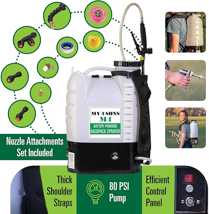 Backpack Sprayer - MY4SONS M4 4-Gallon Battery Powered – Electric Sprayer for Lawn, Garden, Yard, Plants, Watering, Long Range, Portable Pump, Adjustable Nozzle - 15ft Extension Hose & Spray Pistol