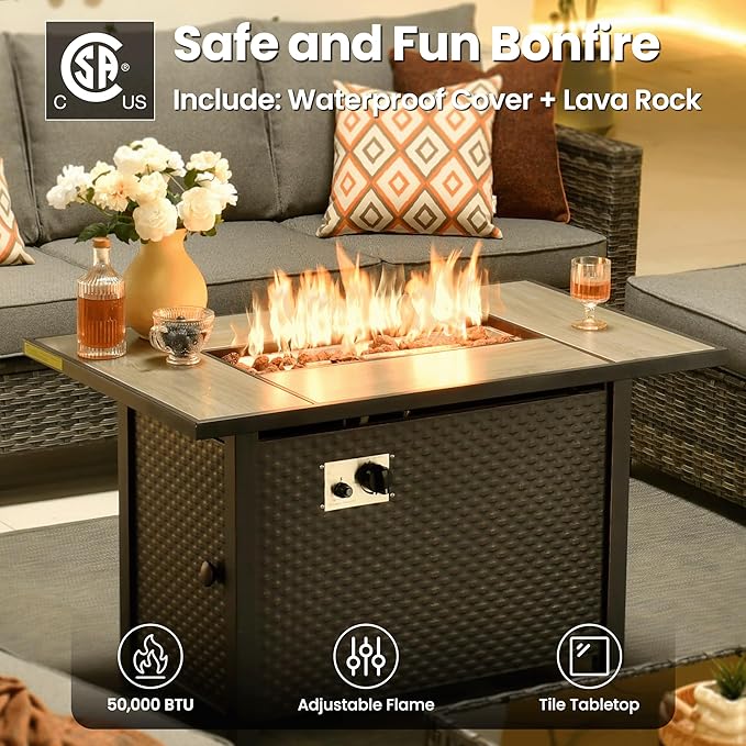 ovios 7 Pieces Patio Furniture Set, Outdoor Wicker Sofa Couch with Rocking Swivel Chairs Fire Pit Table, Modern Deep Seat Rattan Conversation Sets for Porch Deck, Dark Grey