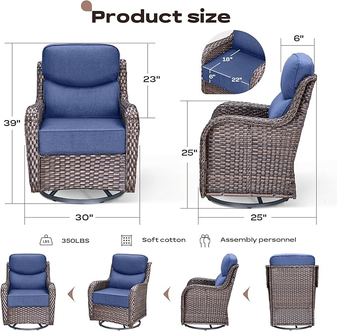 Outdoor Patio Swivel Rocker Chairs Set of 2, Waterproof Wicker, High Back, Deep Seating, Wide Armrest, Upgraded 6 inch Thick Cushions, Side Table, Ideal for Deck Porch Yard, Brown/Blue