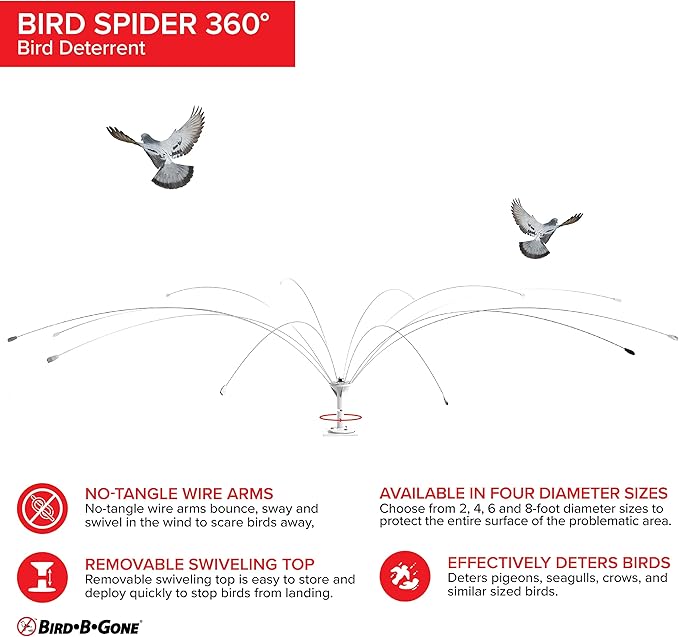 Bird B Gone - Bird Spider 360 Repellent - Deters Seagulls and Other Birds from Landing - Durable Weatherproof Design - for Boats, Docks, Roofs, Etc - Easy Installation - with PVC Base - 6ft