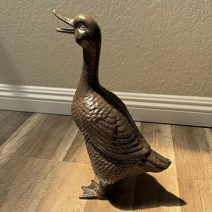 Cast Iron Duck Statue(15.7" Tall) - Heavy Duty Outdoor/Indoor Decor, Rust Brown Garden Art with Lifelike Feather Detailing, Weatherproof Bird Sculpture for Patio, Lawn & Home HC5387