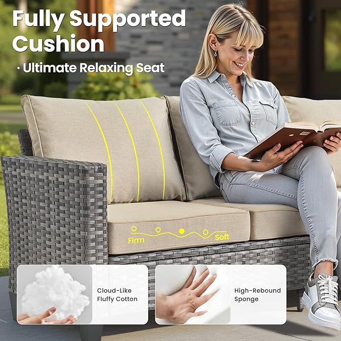 ovios 5 Pieces Patio Furniture Set, Outdoor Wicker Sofa Couch with Rocking Swivel Chairs Solar Lights Table, Modern Deep Seat Rattan Conversation Sets for Porch Deck, Beige