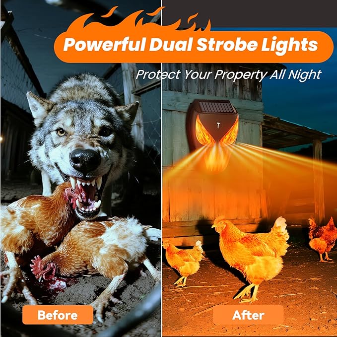 1 Pack Solar Nocturnal Animal Repeller with LED Flashing Lights, Effective Repels Deer, Coyote, Raccoon, Skunk, Fox & Hawk, Flame Predator Light for Chicken Coop, Farm, Yard & Garden