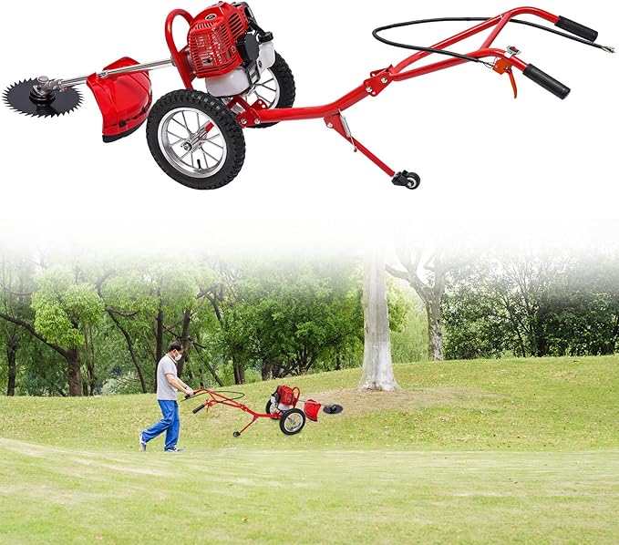 PERFERATE 49CC 2 Stroke Gas Powered Hand Push Lawn Mower 2 in 1 Gas Weed Wacker Push Brush Cutter with Air-Cooled System Walk Behind Weed Trimmer Push Weed Eater with Wheels