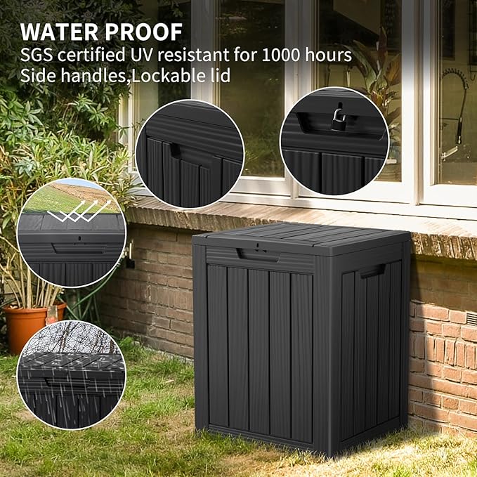28 Gallon Waterproof Resin Deck Box, Lockable Outdoor Storage Box for Patio Furniture, Garden Tools, UV Resistant, and Multi-Functional (Black)