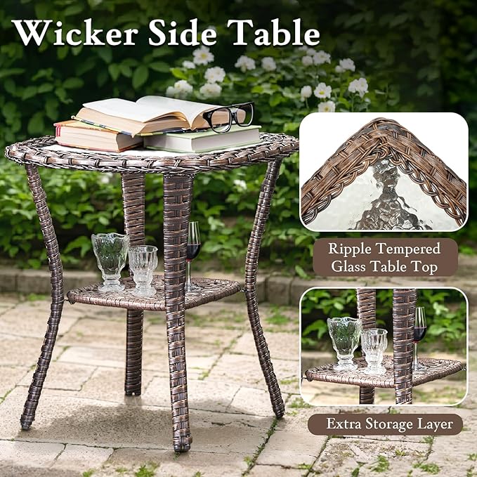 Luxury Outdoor Swivel Rocker Patio Chairs, High Back Swivel Patio Chairs with Side Table & 6-Inch Thick Cushions, Wicker Outdoor Bistro Set for Porch, Yard, Deck, Poolside, Brown/Beige