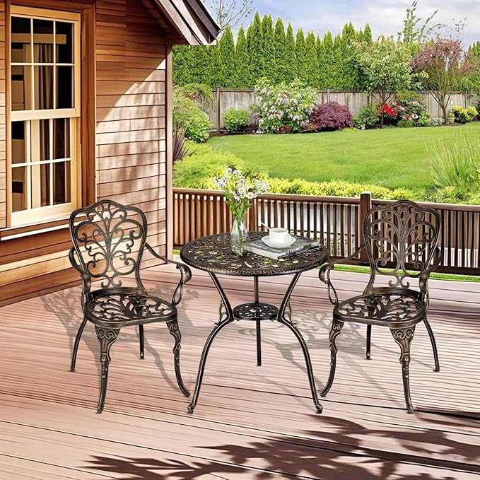 3 Piece Bistro Set, Outdoor Bistro Table and Chairs Set of 2, Rust-Resistant Cast Aluminum All Weather Patio Outdoor Bistro Set with Umbrella Hole for Backyard, Balcony, Front Porch, Brown