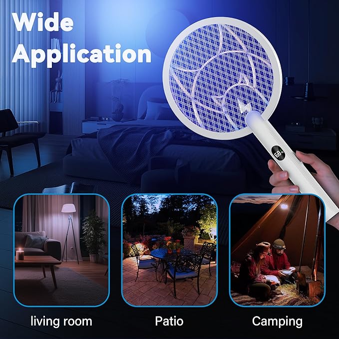 Electric Fly Swatter Racket, 2 in 1 Mosquito Bug Zapper 4100V Handheld Mosquito Killer with 1800 mAh Rechargeable Battery, Purple Light and 3-Layer Safety Mesh for Indoor Outdoor Grey