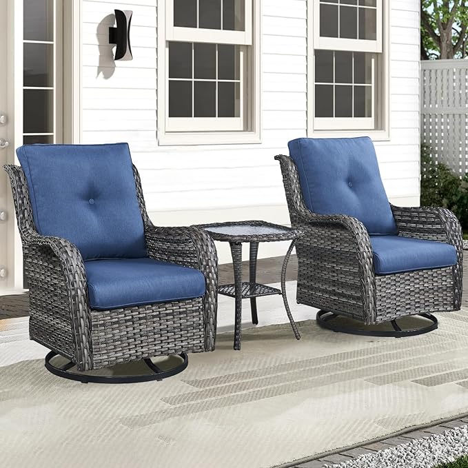 Patio Wicker Chairs Swivel Rocker,3 Pieces Patio Furniture Set with 360 Degree Wicker Swivel Rocking Chairs and Side Table for Garden,Porch,Backyard