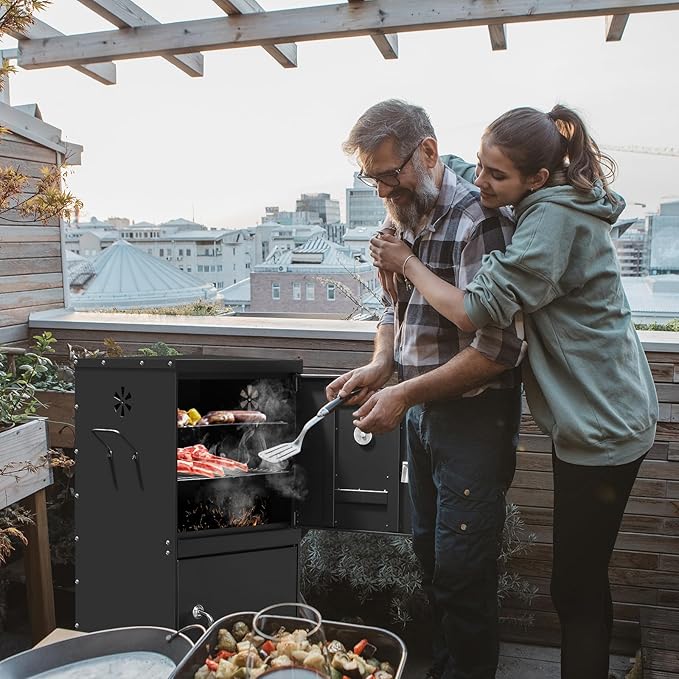 BBQ Smoker Grill with 2 Doors, Vertical Charcoal Smoker with 2 Detachable Grill Racks, Charcoal Pan & Water Pan, Outdoor Meat Smoker with Thermometer, 4 Air Vents, Idea for Parties, Backyard