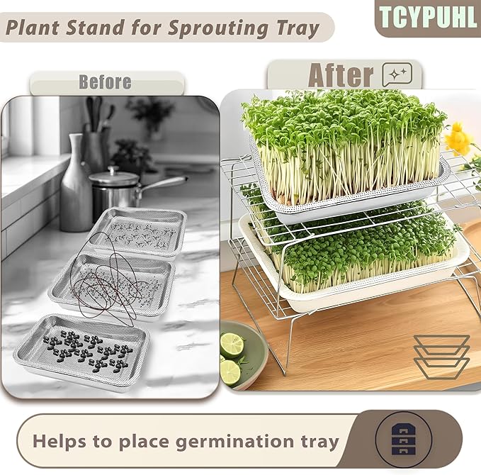 Sprouts Growing Rack 3-Tier 14 inch Shelf, Metal Foldable Plant Stand for Sprouting Tray Indoor, Seed Starting Tray Plant Shelf, Silver Rack for Kitchen Table Top Space Saving