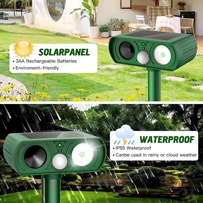 Animal Deterrent Devices Outdoor, Solar Animal Repeller with Motion Sensor Animal Repeller to Repel Cat, Deer, Squirrel, Rabbit, Dog, Skunk (Green - 2 Pack)