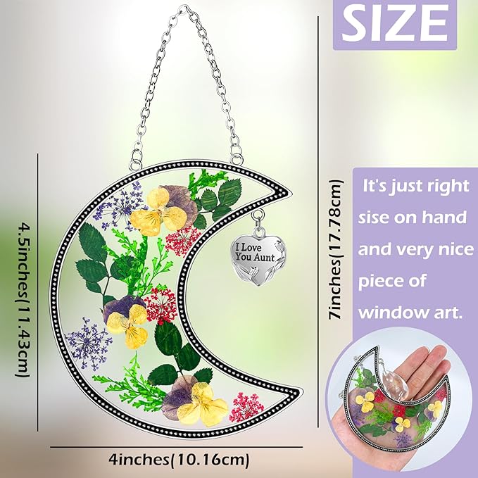 KY&BOSAM Moon Suncatcher I Love You Aunt Stained Glass for Window Hangings Wind Chimes Decor with Pressed Real Flower and Metal Charm Birthday Gift for Women Aunt Mother`s Day Christmas
