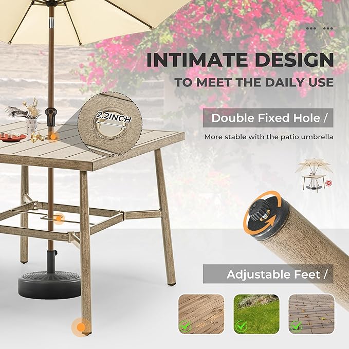 HAPPATIO 5-Piece Outdoor Dining Set for 4, Aluminum Patio Dining Set Includes 1 Large Square Table with Umbrella Hole, 2 Swivel Dining Chairs, and 2 Dining Chairs, for Lawn, Porch, Backyard (Brown)