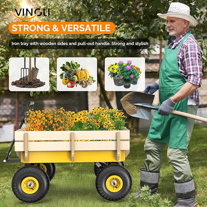 VINGLI Steel Garden Wagon Cart on Wheels, 330lb Load Capacity, Removable Heavy Duty Wooden Side Panels, with Extendable Handle and 10inch All-Terrain Tires, Wheelbarrow for Yard Landscaping (Yellow)