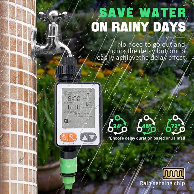 Sprinkler Timer for Garden Hose, 10 Programmable Water Timer with with Auto Rain Delay, IP54 Waterproof 3.3โ Large LCD Drip Irrigation System Timers for Plant, Yard, Lawns, Outdoor