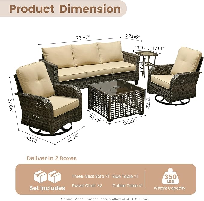 HOOOWOOO Outdoor Patio Furniture Set,5 Pieces Wicker Conversation Set,All Weather Couch Set with Swivel Chairs Solar Light Table 5 Seaters for Out Door Yard(Beige)