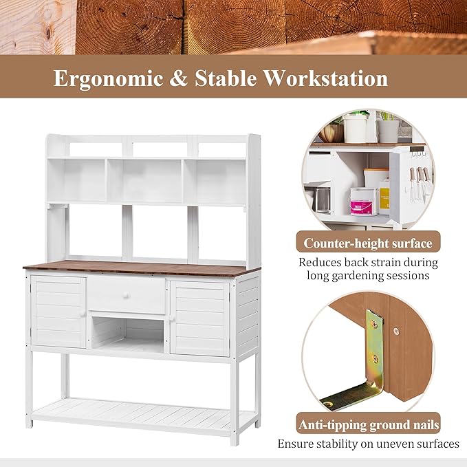 Outdoor Wooden Potting Bench Table β Farmhouse Garden Workstation with Drawers, Cabinet & Storage Shelves, Large Fir Wood Work Table for Patio, Backyard, Mudroom, Greenhouse (White & Brown, 66'' H)