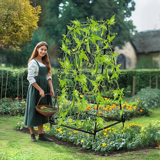 unho Garden Trellis for Climbing Plants with Tough Nylon Netting, 6ft Tall Sturdy Rustproof Metal Plant Support Tower for Vegetable Fruit Vine Cucumber Garden Lightweight,Outdoor