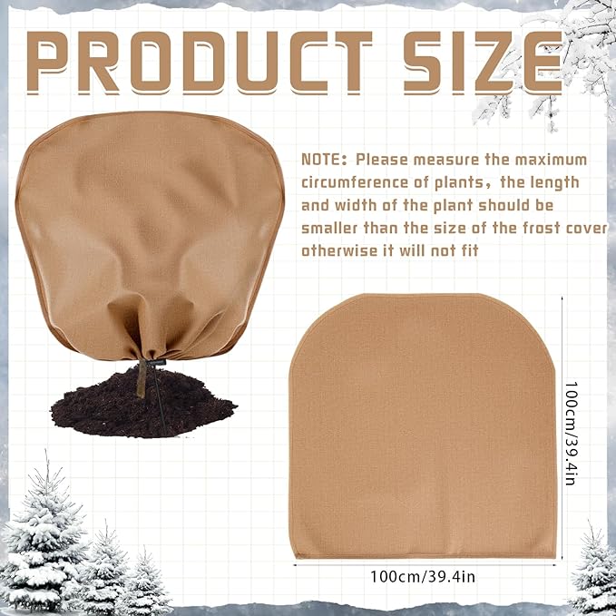 12 Pcs Winter Plant Covers Freeze Protection 39.4 x 39.4 Inch Horizontal Shrub Tree Rose Plant Protection Bags Frost Blanket with Drawstring for Fall Winter Outdoor Garden Planting, Brown