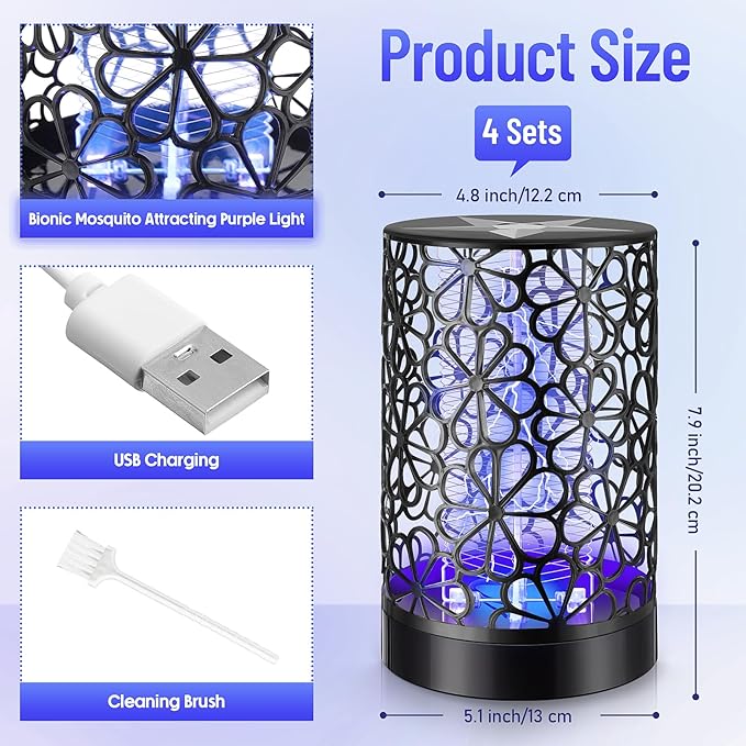 Qualirey 4 Pcs Electric Bug Zapper USB Mosquito Killer Repellent Fly Insect Lamp Purple Light Bug Trap for for Indoor Outdoor Bedroom Living Room Courtyard Backyard Patio(Black)