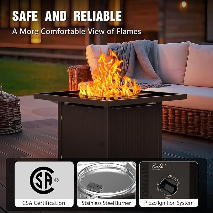 BALI OUTDOORS 32 inch Glass Tabletop Propane Fire Pit Outdoor, 50,000 BTU Propane Fire Pit Table Square, Gas Firepits for Outside Patio, Garden, Brown