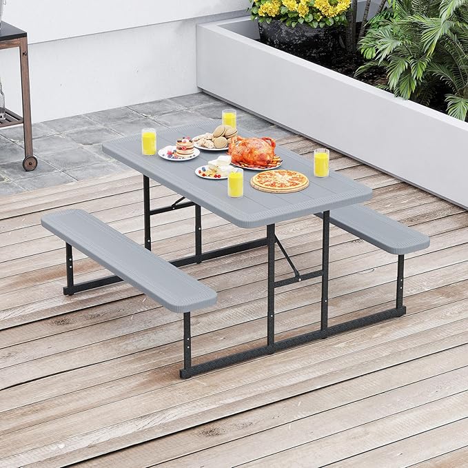 Tangkula Picnic Table, HDPE Outdoor Rectangular Table Bench Set with 2 Built-in Benches, Umbrella Hole, Metal Frame for 4 Person, Garden Yard Patio Lawn
