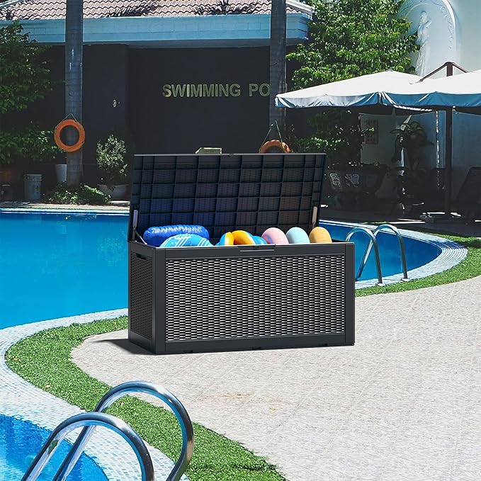 NUNU LAB 101 Gallon Resin Deck Box โ Large Lockable Outdoor Storage Box with Gas Lift, Waterproof Patio Storage for Cushions, Garden Tools, Pool Supplies, and More, Black