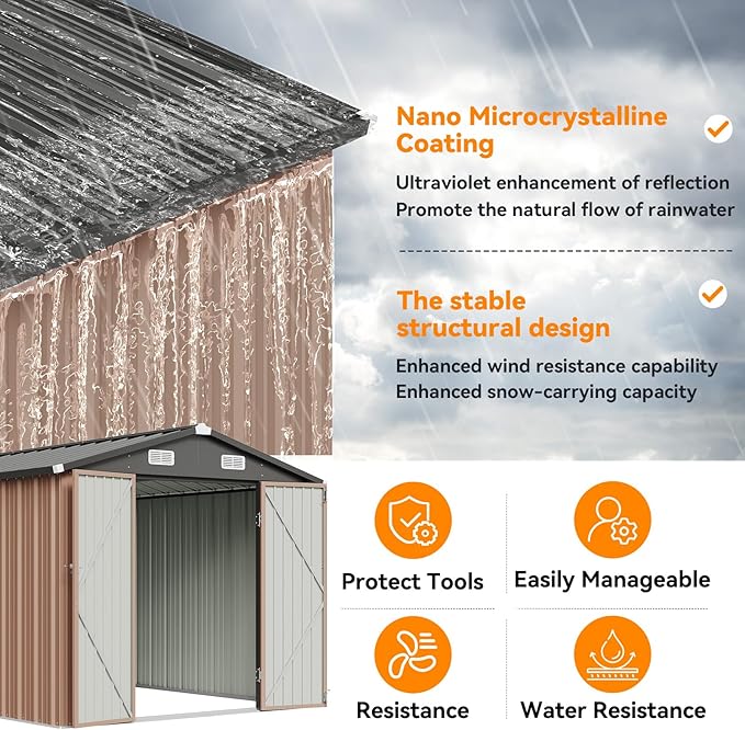8x12 FT Metal Outdoor Storage Shed, Dual Doors with Lockable Bolts, Large Garden Shed for Yard Tools, Bike, Generator, Waterproof Galvanized Steel Panel with Vent & Sloping Roof(Brown)