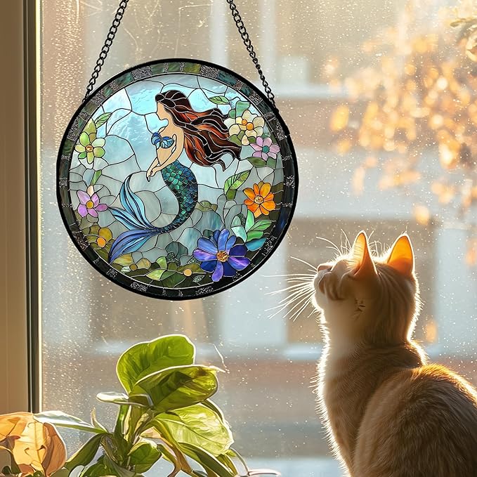 Stained Glass Window Hanging - Light Blue Mermaid Suncatcher for Door Terrace Garden Home Decor, Ocean Flowers Sun Catcher Birthday Gifts for Lovers Women Men Dad Mom Nana 6.3 in