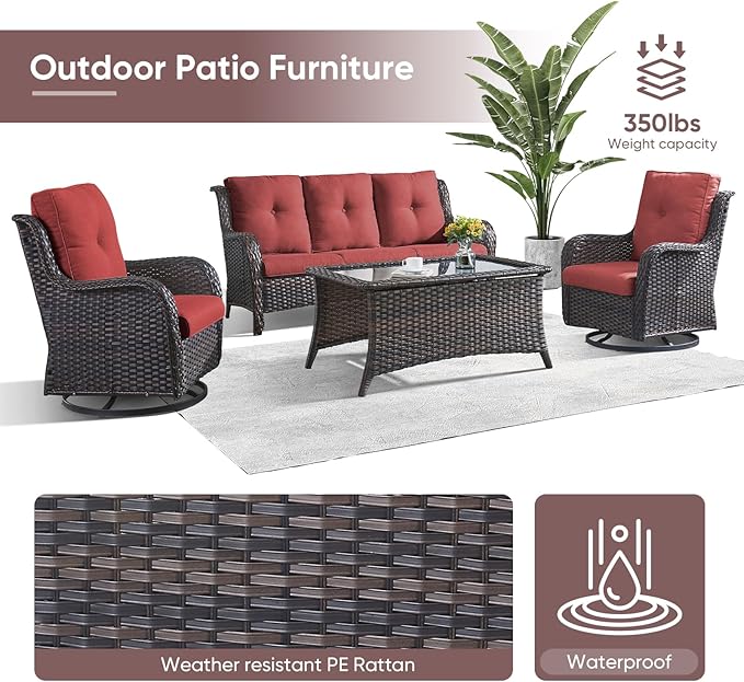 4 Piece Patio Furniture-All-Weather PE Wicker Outdoor Patio Furniture with Swivel Rocker Chairs,Outdoor Couch, Set with Coffee Table-Brown/Red
