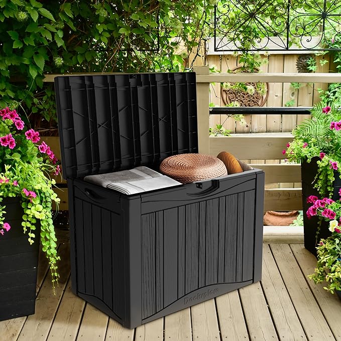 50 Gallon Waterproof Large Resin Deck Box Indoor/Outdoor Lockable Storage Container and Seating for Garden, Pool, and Patio (50 Gallon,Black)