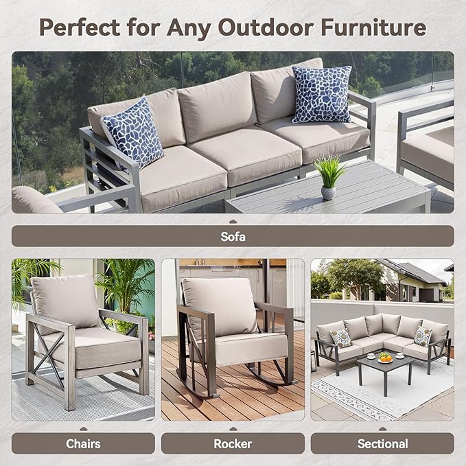 Luxury 6" Outdoor Cushions for Patio Furniture, 24x24x6 Thick Seat Cushion Set of 3, Fade Resistant Couch Chair Replacement Cushions High Density Deep Wicker Chair Cushion w/Removable Cover, Beige