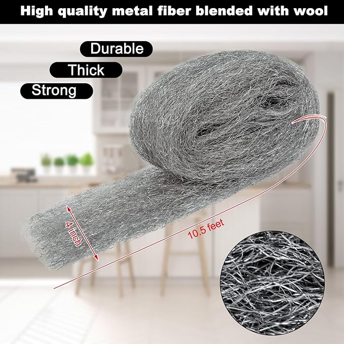 Steel Wool Mice Control 4'' * 42' Total Rodent Control Fill Fabric, Steel Wool Pads Mouse Blocker, Hole Filler Keep Mice Away from Holes Wall Cracks Gaps(4 Rolls)