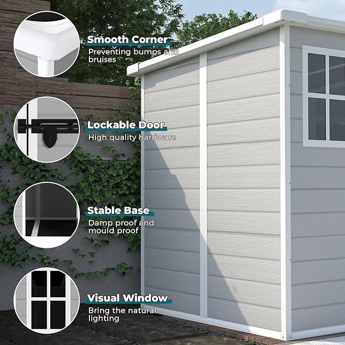 Resin Storage Shed 6x6ft Outdoor Storage Sheds with Floor & Window, Lockable Doors and Vents, Small Tool Shed with Sloped Roof, Sheds for Backyard, Garden, Patio, Lawn (Light Grey, 6 * 6ft)