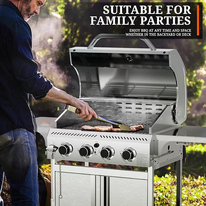 R.W. FLAME Propane Gas Grill Barbecue Grill, 4 Wheels, 4 Burner Cart Style Liquid BBQ Grill, Metal Cooking Grill