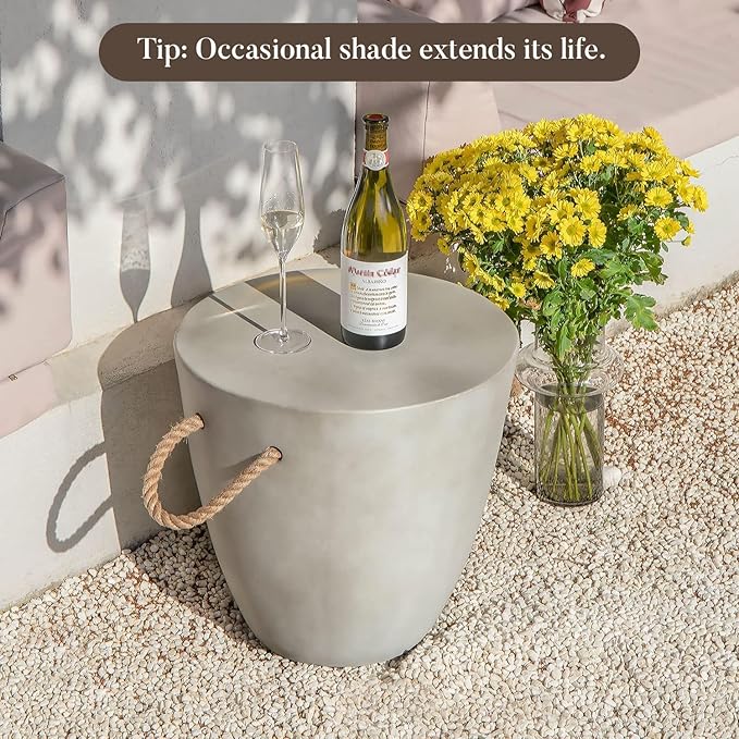 COSIEST Set of 2 Outdoor Cup Shaped Side Table, Concrete Side Table w Hemp Rope Handles,17''Patio Side Tables End Table, Outdoor Accent Table for Garden and Patio, Grey