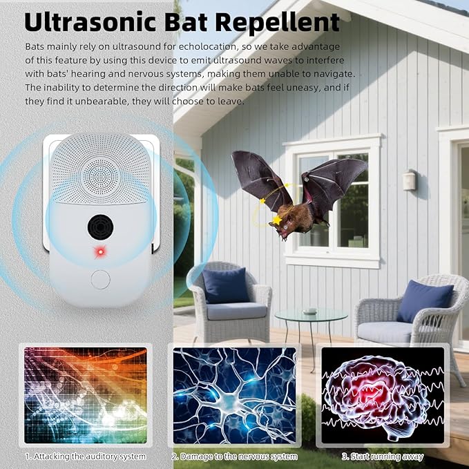Upgraded Ultrasonic Bat Repellent Deterrent Devices for Attic, 2Pack Bat Repellent for Indoor Use, Plug in Bat Deterrent System Bats Keep Away for Home, Friendly to Human & Pets