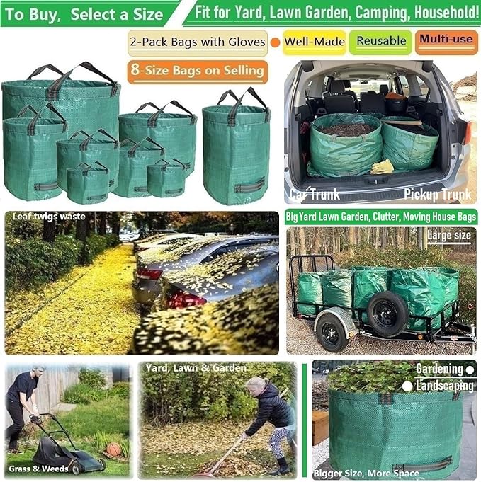 Professional 2-Pack 137 Gallon Lawn Garden Bags Large (D34, H34 inch) Yard Waste Bags with Gardening Gloves, Big Leaf Bag,Yard Debris,Waste Container,Lawn Trash,Grass Clippings Bag,Weed Bags 4 Handles