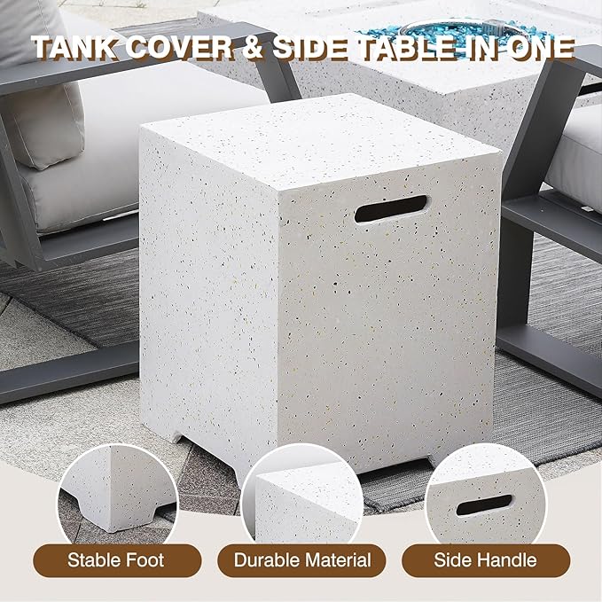 3-Piece Outdoor Propane Fire Pit Table Set – Premium Terrazzo-Like MgO Finish, Round Gas Fire Table with Tank Table & Glass Wind Guard for Patio, Garden & Backyard, Includes Rain Cover & Glass Beads