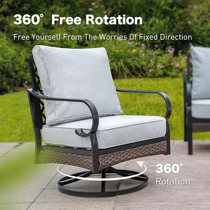 4 Piece Black Metal Outdoor Patio Furniture Sets with Firepit Table, Patio Conversation Sets 1 3-Seater Sofa, 2 Swivel Sofa with 5.75" Cushion Backyard Furniture for Deck, Light Gray