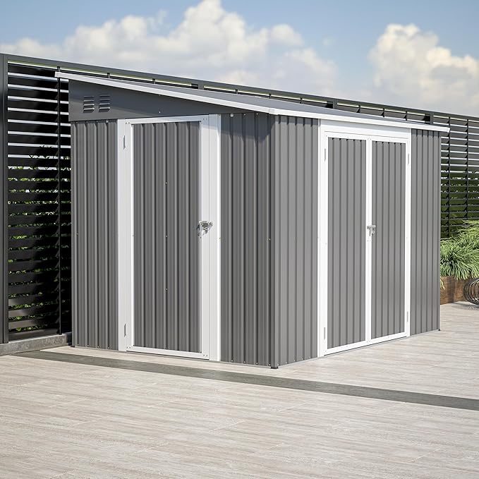 8x6FT Outdoor Storage Shed with Floor & 2 Lockable Doors,Metal Tool House W/ 2 Air Vents & Slpoed Roof,All Weather Waterproof Heavy Duty Stroage Unit for Backyard,Patio,Lawn,Garden,Gray
