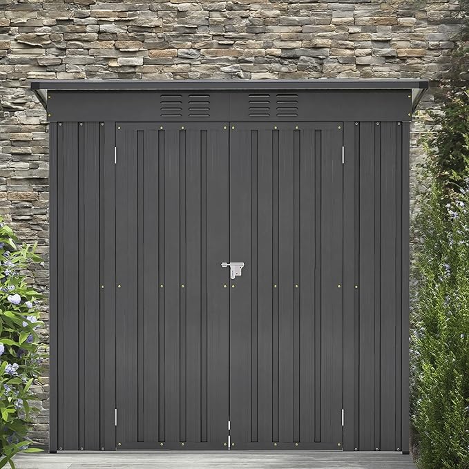 6x4 FT Metal Outdoor Storage Shed with Floor Frame and 2 Air Vents, Lean to Storage Shed, Garden Tool Storage Cabinet for Backyard Patio Lawn, Black