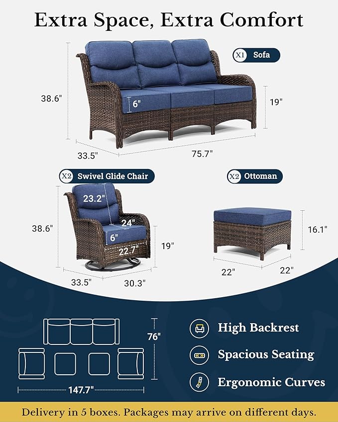 HILLGA Luxury High Back Patio Furniture Set with 6-Inch Thick Cushion, 5-Piece Outdoor Conversation Set with Sofa, Swivel Rocker Chairs & Ottomans, Ideal for Porch Pool Deck Yard (Blue)