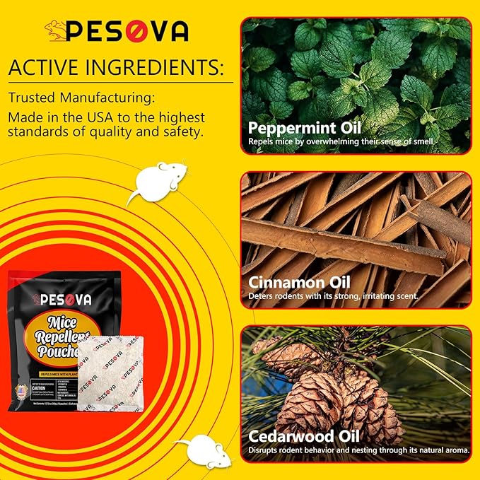 Mouse Repellent Pouches, Extra-Strength Peppermint Oil Rodent Repellent Pouches, Indoor Mice Repellent, Natural Rat & Mouse Repellent, Use Safe for Car/RV/Boat/Garage/Shed/Cabin (Pack of 6)