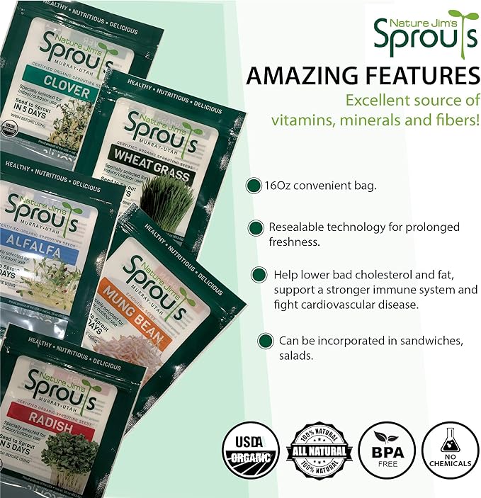 Nature Jims Sprouts Alfalfa Seed – 16 Oz Organic Sprouting Seeds – Non-GMO Premium Alfalfa Seeds – Resealable Bag for Longer Freshness – Rich in Vitamins, Minerals, Fiber