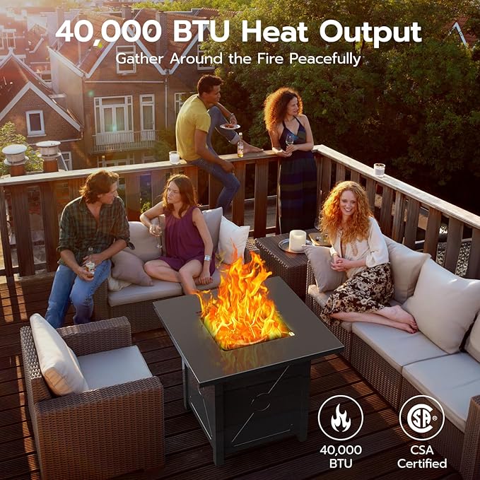 ZAFRO 28" Fire Pit Table, 40000 BTU Propane Fire Pit Table with Lid and Lava Rock, CSA Certified Fire Table with for Outdoor, Backyard, Patio, Garden, Black