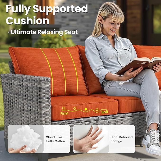 ovios 10 Pieces Patio Furniture Set, Outdoor Wicker Sofa Couch with Rocking Swivel Chairs Solar Lights Table Fire Pit, Modern Deep Seat Rattan Conversation Sets, Orange Red