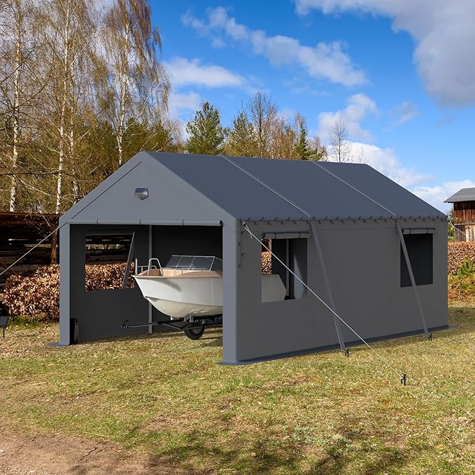 12x20 Carport, Heavy Duty Carport Canopy Garage with Removable Sidewalls and Drive Through Roll Up Zipper Doors, Grey